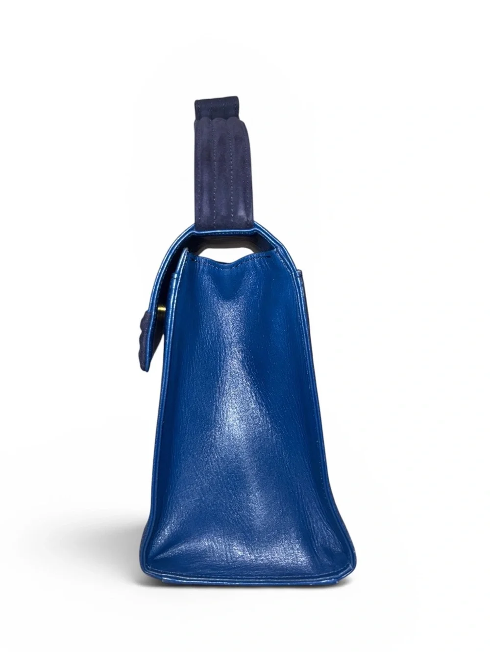 Vintage Gianni Versace blue leather top handle bag ribbon bow